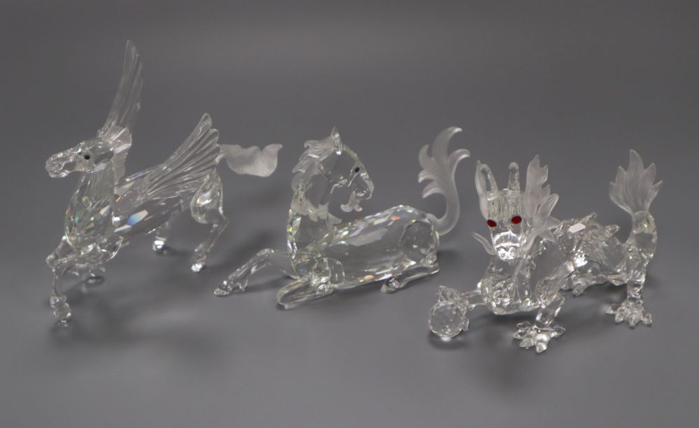 Three Swarovski Annual Edition Fabulous Beasts, The Unicorn, The Dragon and The Pegasus, 1996-1998,